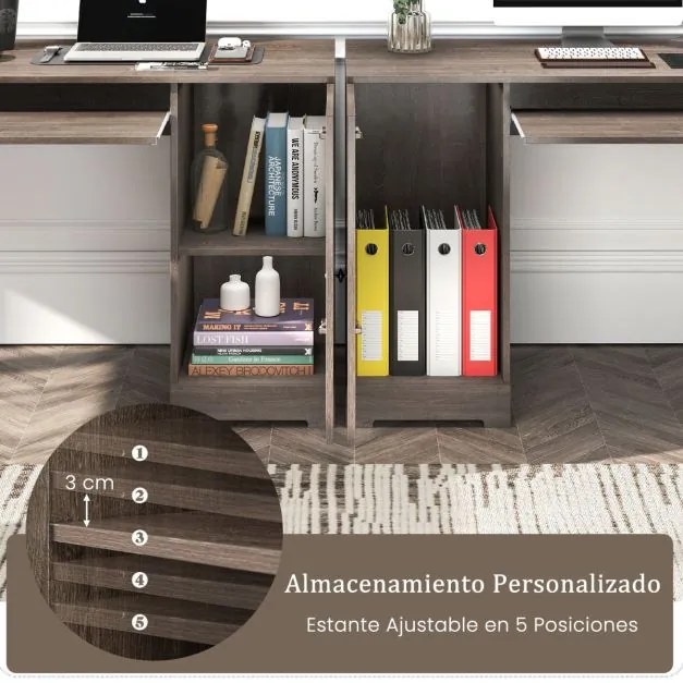 Secretária em forma de L com 2 gavetas, estante ajustável e bandeja para teclado Secretária executiva de canto Cinzento