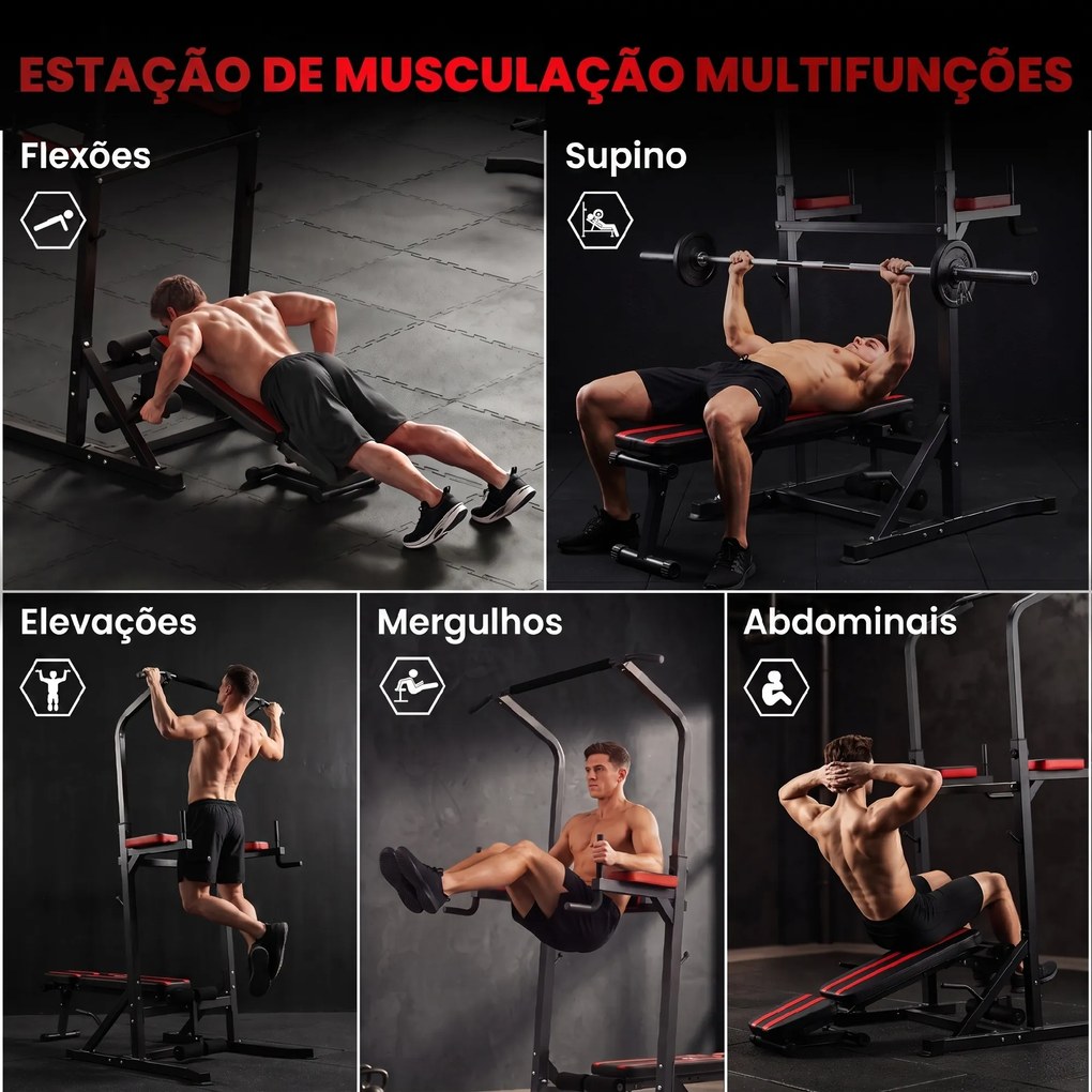 Estação de Musculação Dobrável com Barra de Elevações, Altura Ajustável e Banco Reclinável, Preto e Vermelho