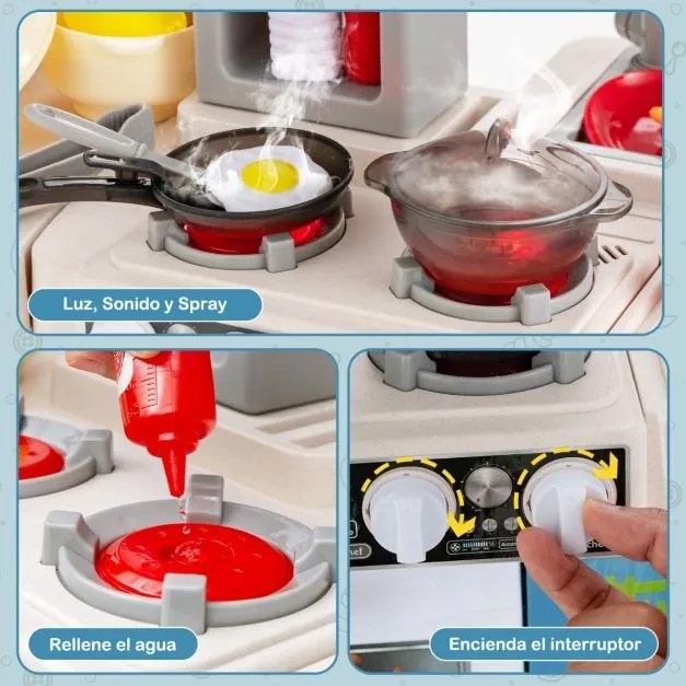 Cozinha de brincar para crianças com 67 peças de comida e utensílios, efeitos sonoros, luz, vapor, pia com água corrente Azul