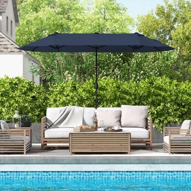 Guarda-sol duplo 400x200 cm jardim duplo para exterior com base recarregável, manivela e 12 varas de alta resistência Azul Marinho