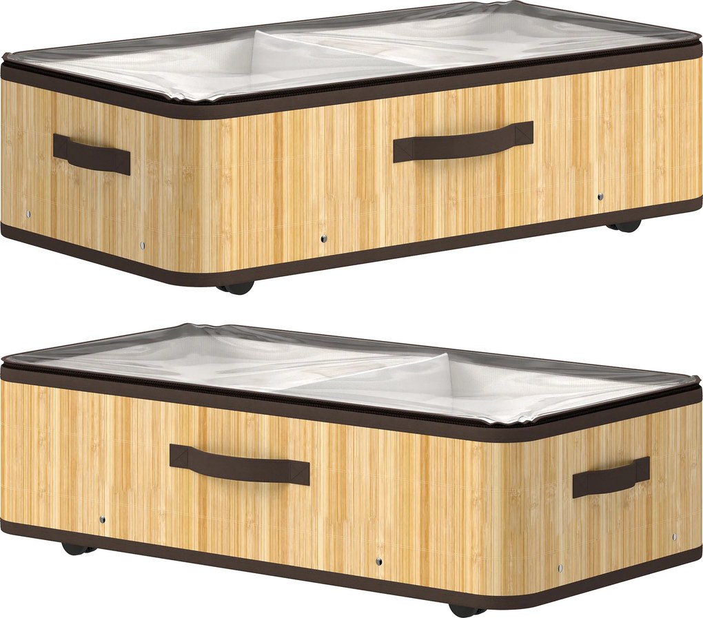 HOMCOM Conjunto de 2 Caixas de Arrumação para Debaixo da Cama com Rodas, 60 L, Tampa Transparente e Asa, Estrutura Metálica, 78,5x43x23 cm, Natural | Aosom Portugal