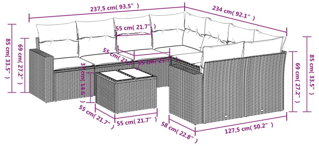 9 pcs conjunto sofás p/ jardim c/ almofadões vime PE castanho