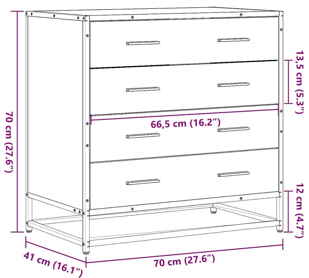 Cómoda com 4 Gavetas - 70x41x70 cm deriv. madeira - cinzento sonoma