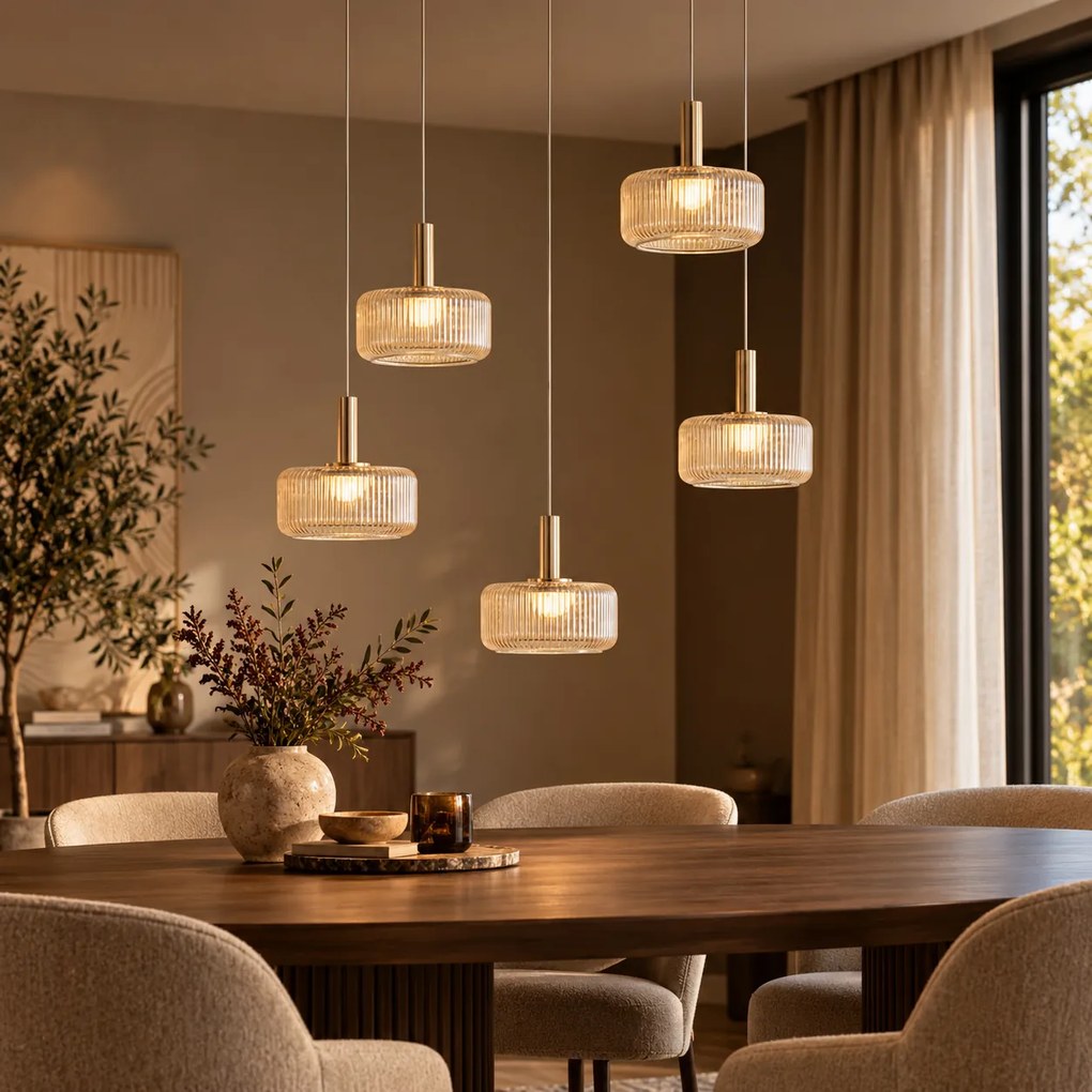 Candeeiro Suspenso de Design Ouro Rosa com Vidro Âmbar incl. LED Regulável em 3 Passos 5 Luzes Easylift - Fiera