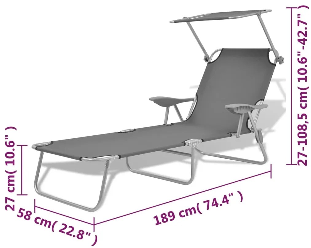 Espreguiçadeira com toldo aço cinzento