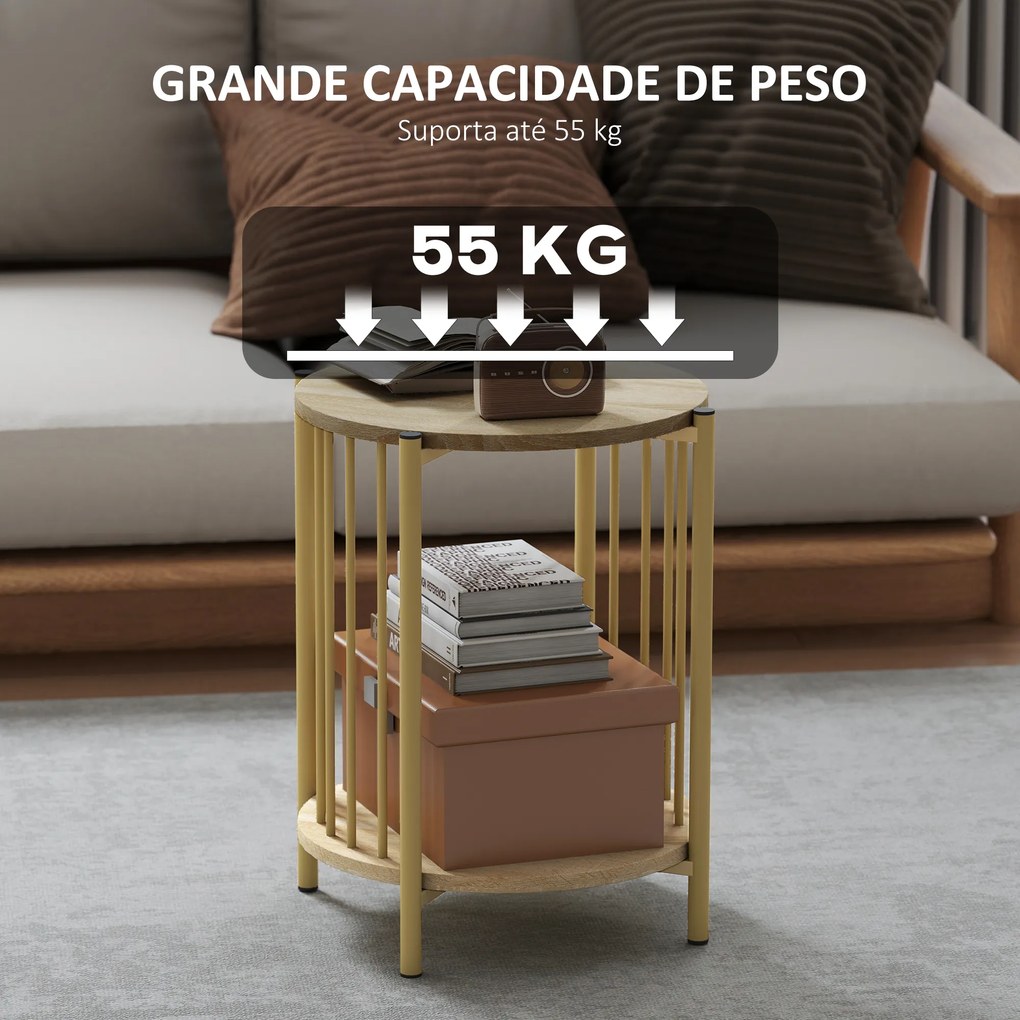 Mesa Lateral Redonda de 2 Níveis com Prateleira de Armazenamento e Estrutura de Aço para Sala e Quarto Ø41x49 cm Madeira