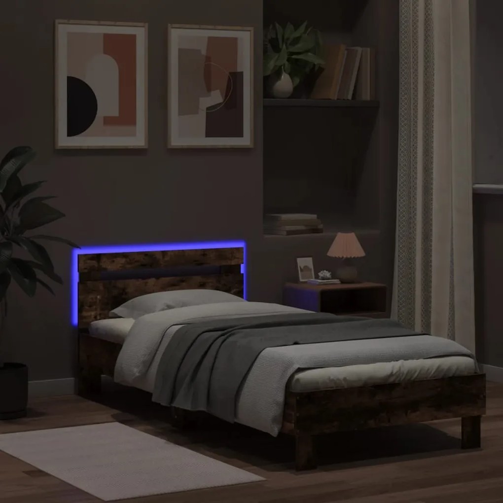 Estrutura cama c/ cabeceira/luzes LED 90x200 cm carvalho fumado