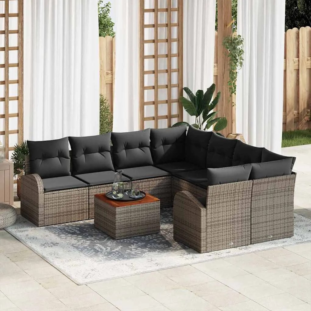 vidaXL Conjunto de Sofá de Jardim 9 pcs Cinzeto Médio Ratan, Madeira