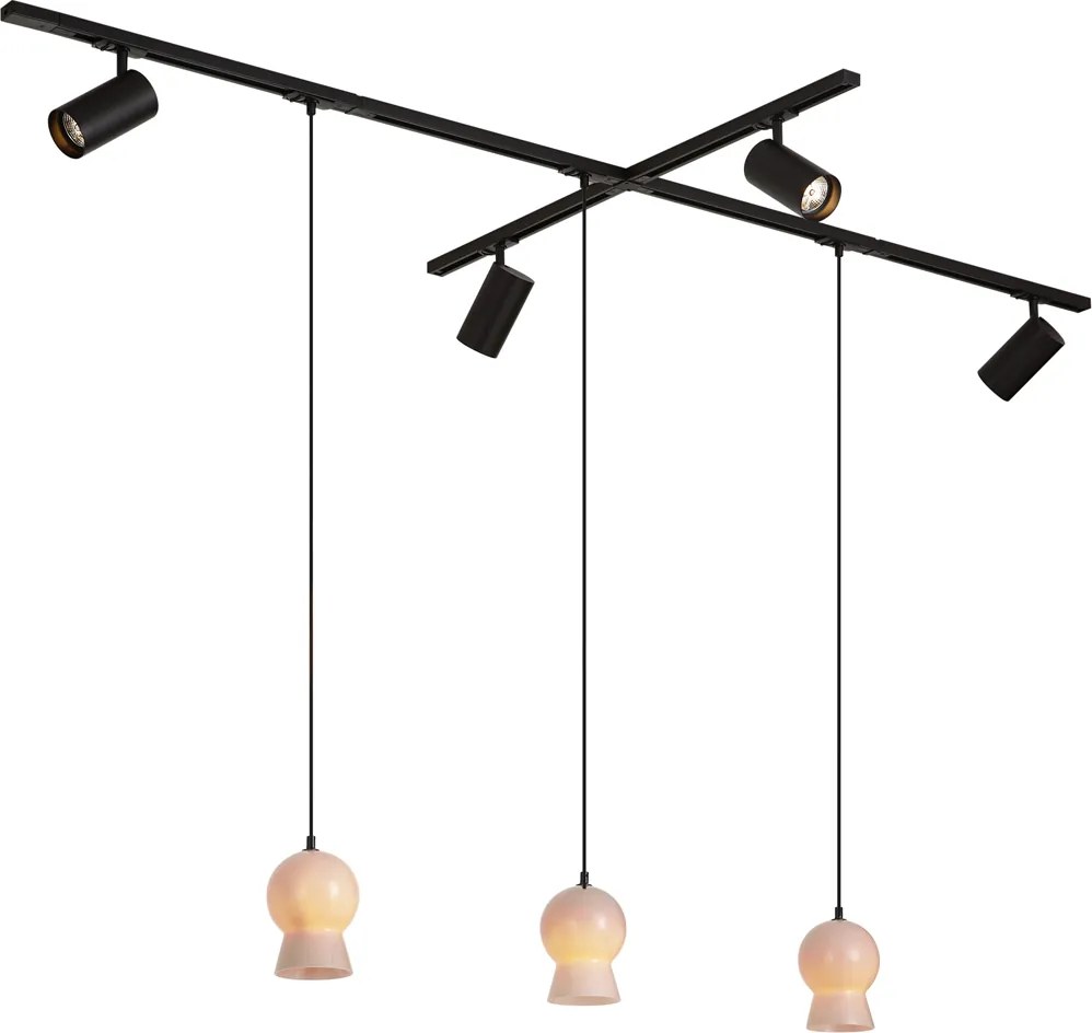 Sistema de calhas moderno preto com 4 focos e 3 candeeiros pendentes brancos monofásico - Iconic Bell Jeana Luxe