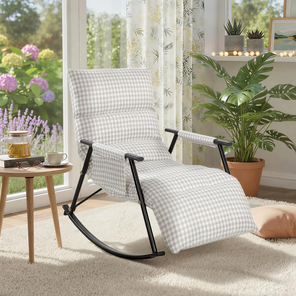 Poltrona Baloiço com Encosto e Apoia-Pés Ajustáveis 105° Estofada em Linho com Bolso Lateral Cinzento e Branco