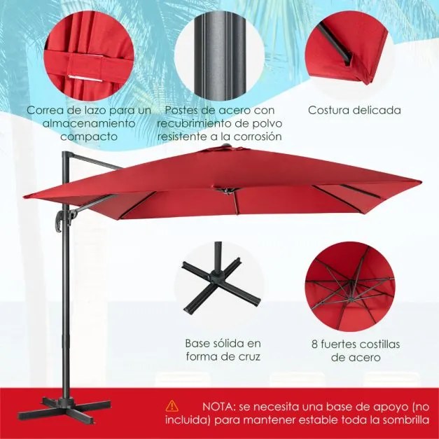 Guarda-sol 300 cm para jardim com manivela, 3 inclinações, rotação de 360°, 8 varas, base cruzada Vermelho