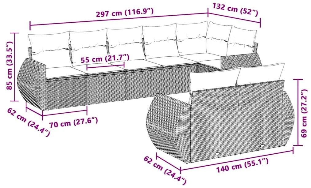 8 pcs conj. sofás jardim c/ almofadões vime PE cinzento-claro