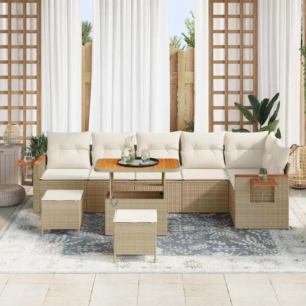 Conjunto de Sofás de Jardim vidaXL 9 Peças com Almofadas Bege Rattan P