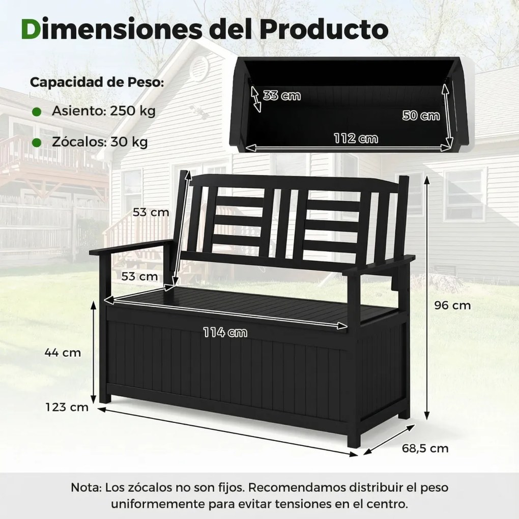 Banco jardim 123 x 68,5 x 96 cm com armazenamento para pátio com 185 L para 2 pessoas com encosto e braços Preto
