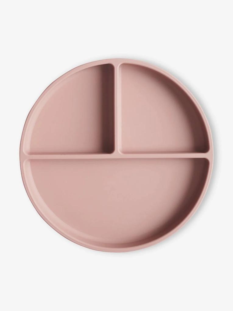Prato compartimentado, da MUSHIE, em silicone rosa