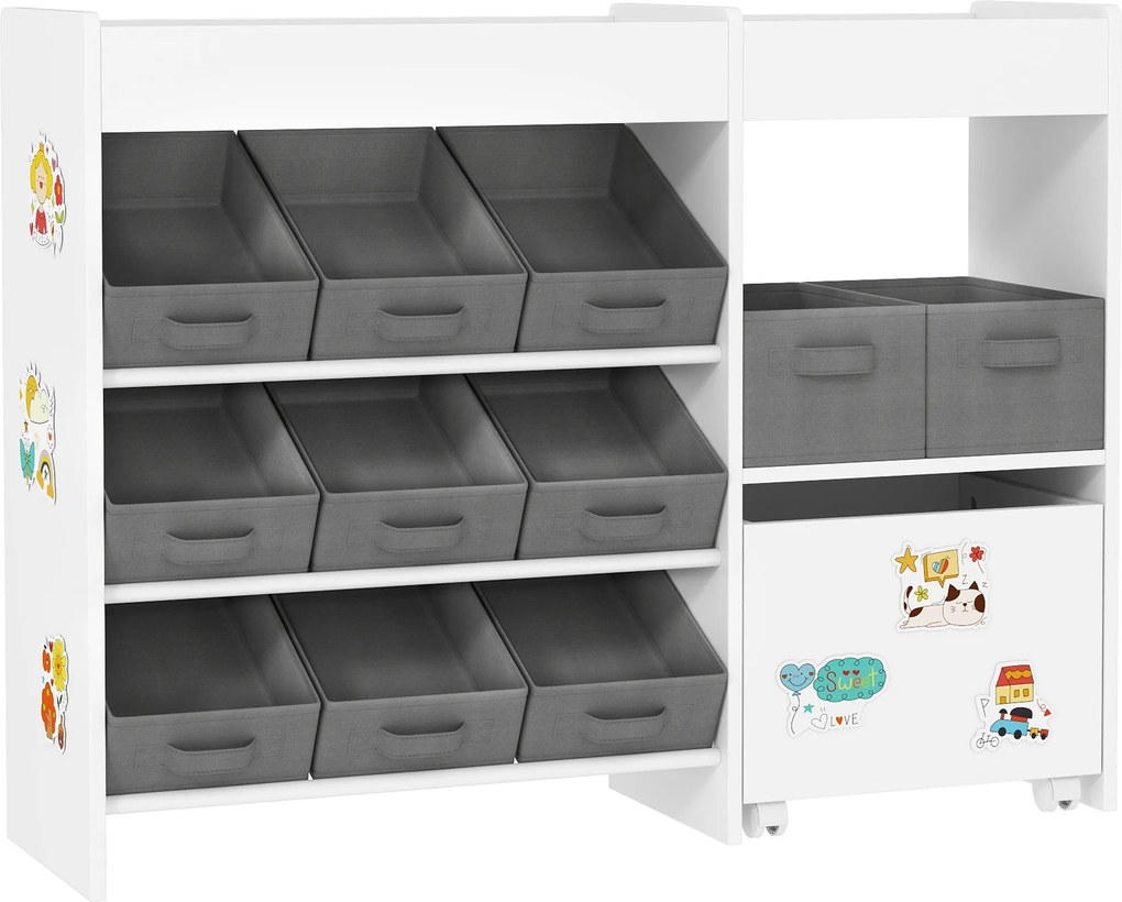 AIYAPLAY Organizador de Brinquedos para Crianças com 11 Cestas Amovíveis Compartimentos e Autocolantes 105x30x80 cm Branco e Cinza | Aosom Portugal