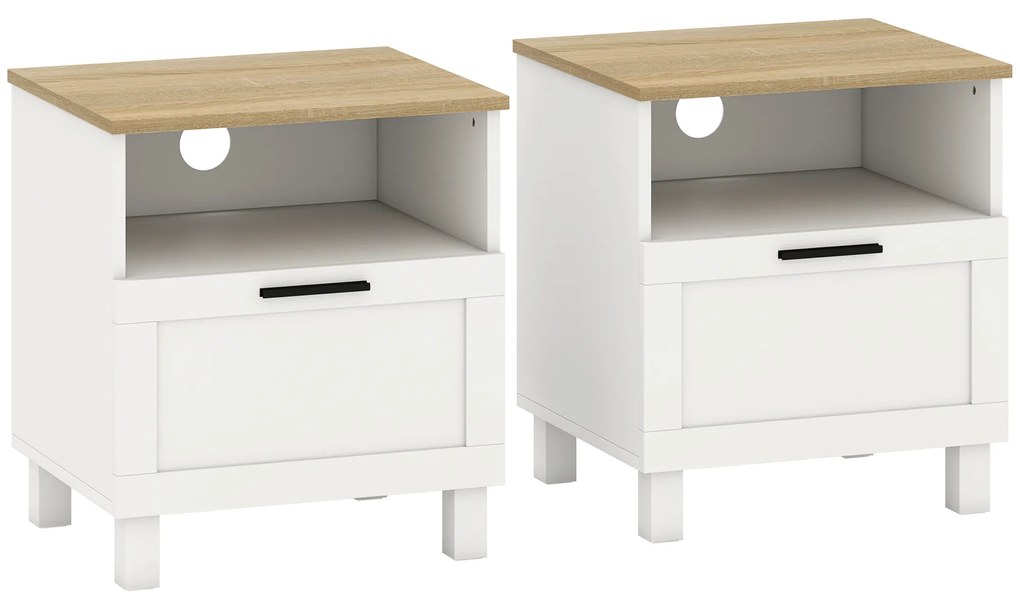 HOMCOM Mesas de Cabeceira Conjunto de 2 Mesas de Cabeceira Modernas com Gaveta Compartimento Aberto Pés de Madeira 45x38x50 cm Branco | Aosom Portugal