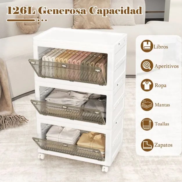 Caixas de arrumação de plástico 126L empilháveis de 3 níveis Dobráveis com tampa com Rodas Branco
