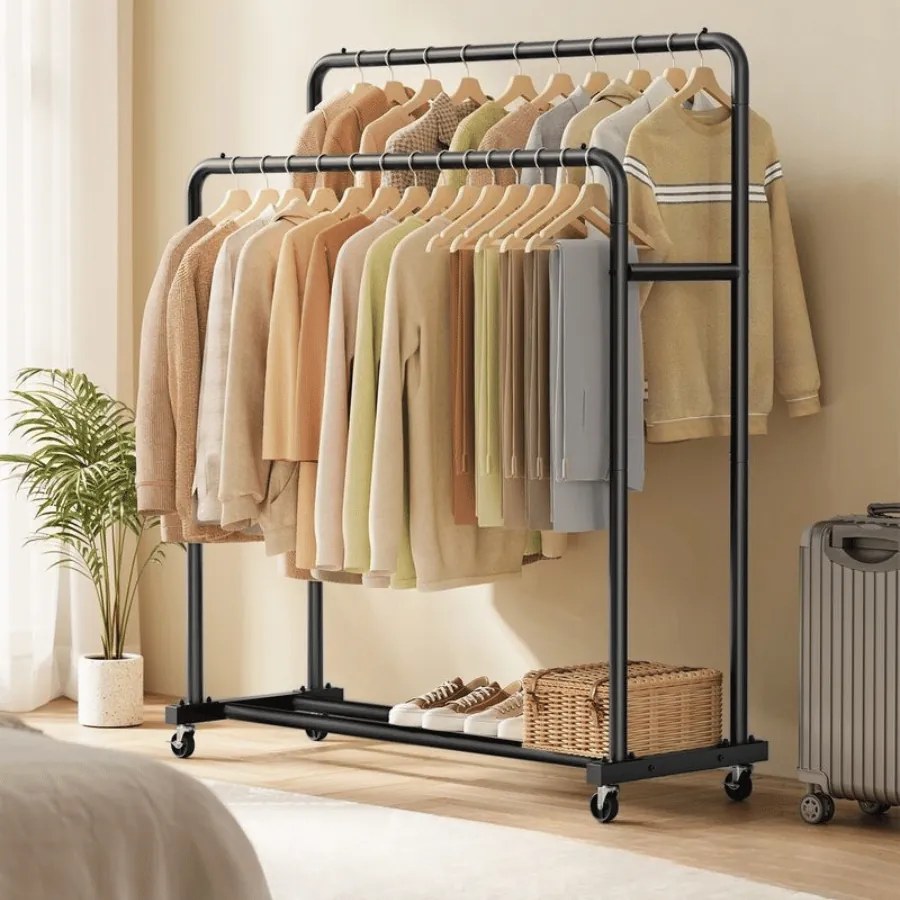 Guarda roupa cabideiro 46,5 x 110 x 155,5 cm com rodas para armazenamento flexível, Preto