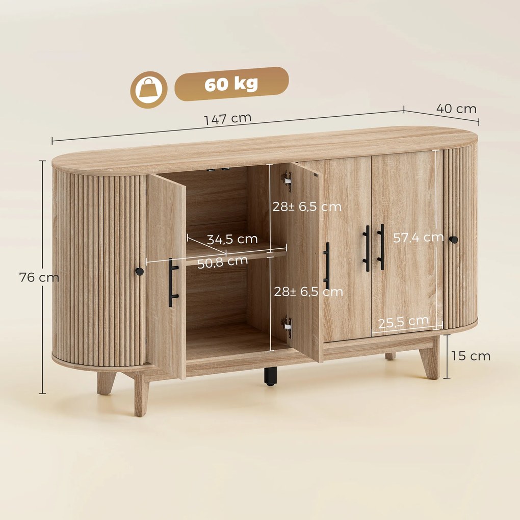 Aparador de sala, móvel de arrumação oval com 4 portas e 2 prateleiras ajustáveis, 147 x 40 x 76 cm, carvalho