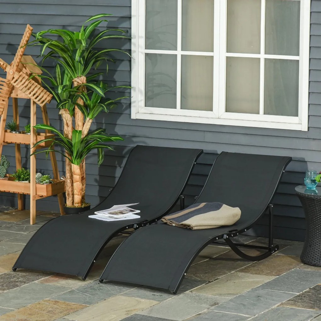 Outsunny 2 espreguiçadeiras dobráveis ergonômicas em forma de S com estrutura de alumínio Textilene para piscina terraço jardim 165x61x63 cm Preto