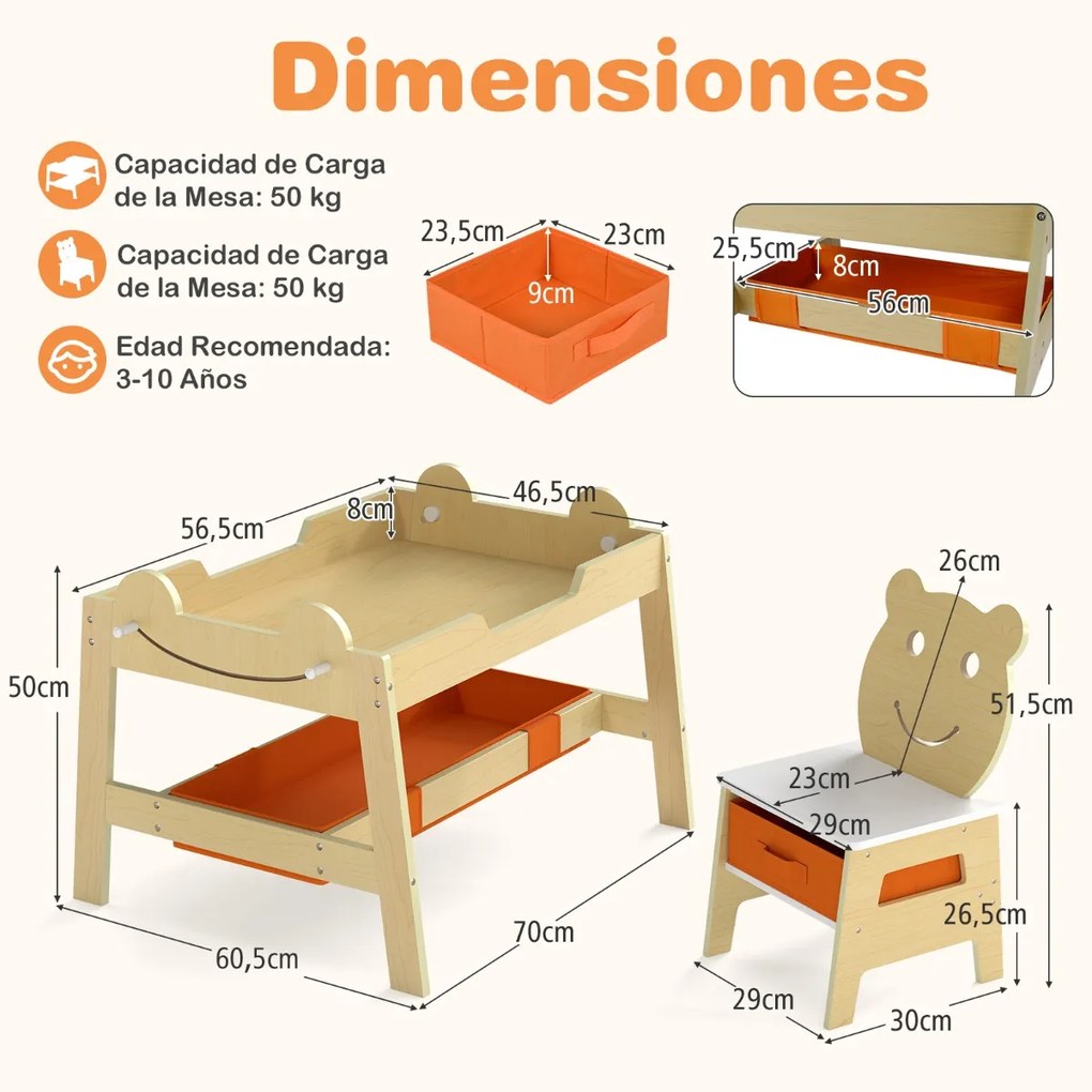 Conjunto Mesa e 2 cadeiras infantis 5 em 1 com tampo reversível preto e branco com Detalhe Curvo, 4 ganchos, compartimentos e recipientes natural