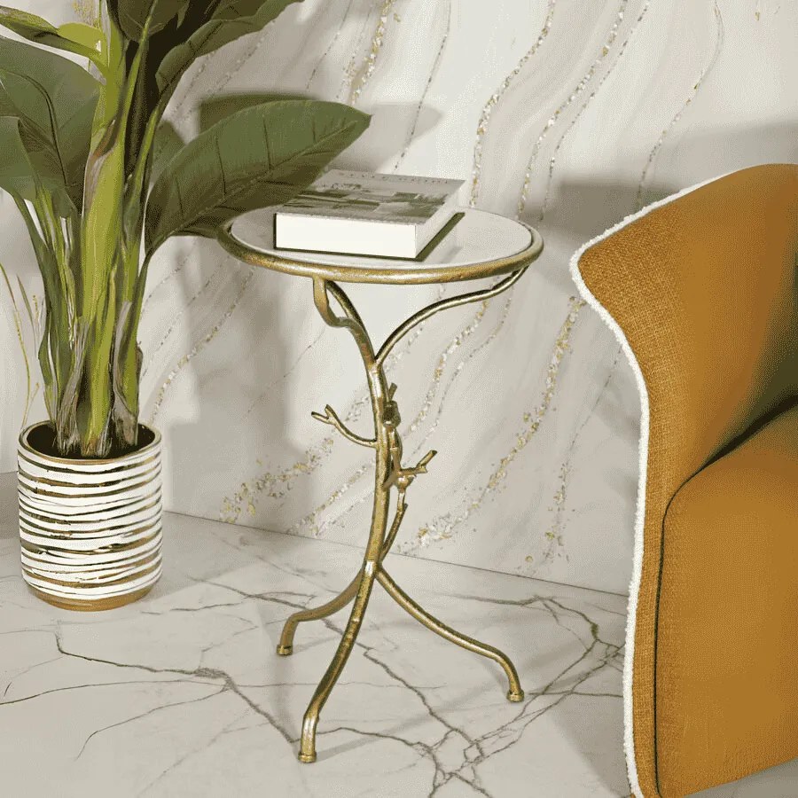 MESA DE APOIO COM PÁSSAROS, EM MÁRMORE Ø 38X60 CM DOURADO E BRANCO