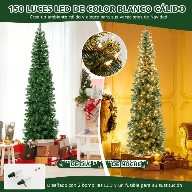 Árvore de Natal de 210 cm em forma de meia árvore pré-iluminada com economia de espaço 450 pontas de ramos 150 luzes LED Suporte de metal dobrável