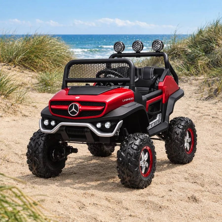 Jipe elétrico para crianças Mercedes-Benz Unimog bateria 12v, 4x4 2 Lugares pneus em borracha, assento em pele artificial Vermelho