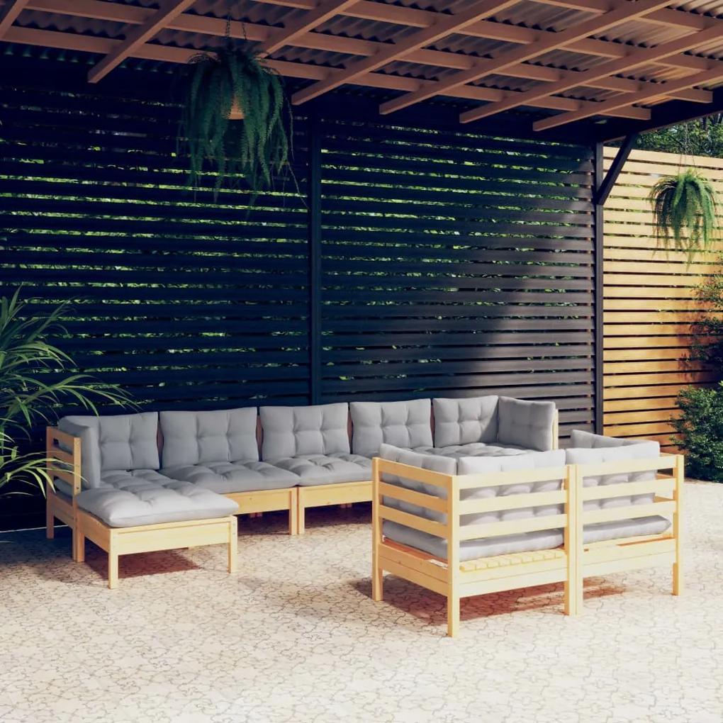 9 pcs conjunto lounge de jardim + almofadões cinza pinho maciço