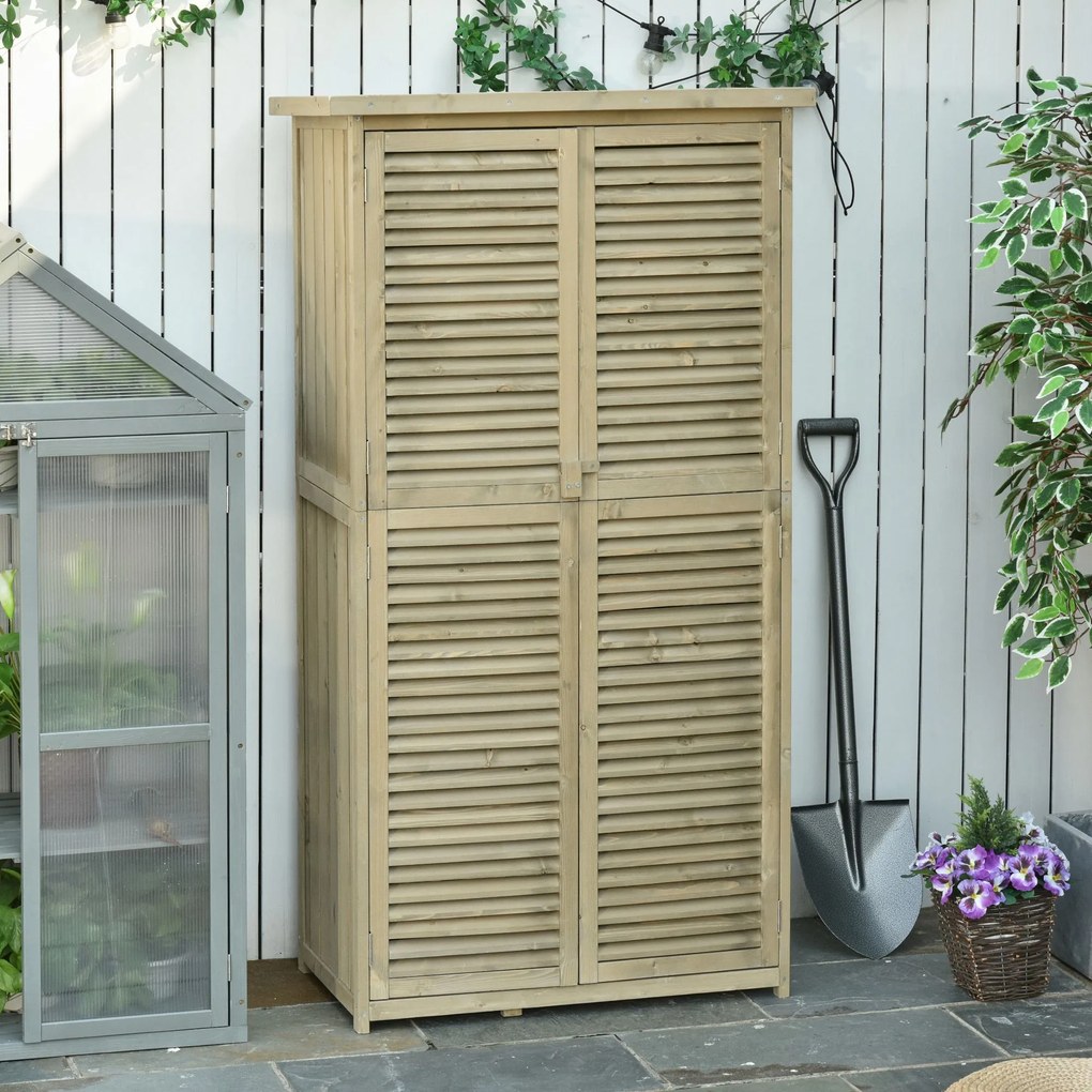 Armário de jardim, arrecadação para ferramentas com pés, 87 x 47 x 160 cm, 2 prateleiras, portas com persianas, telhado impermeável de asfalto, madeir