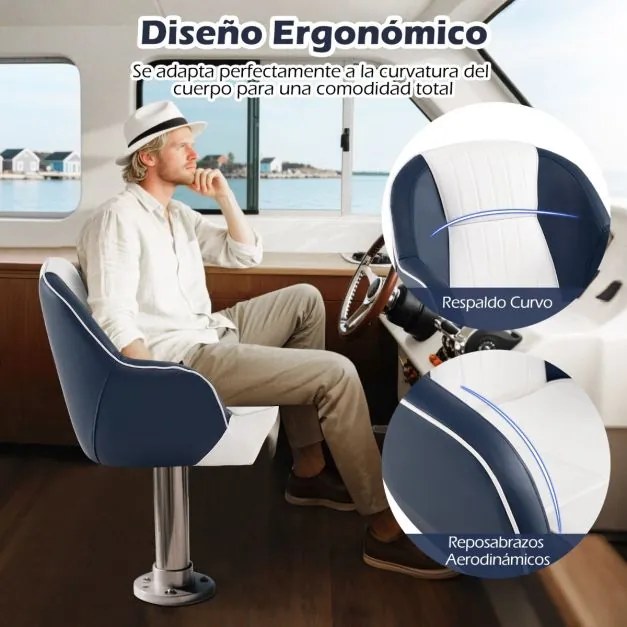 Assento para barco com almofada acolchoada e braços curvos para barco de pesca, iate ou lancha. Capacidade até 150 kg. 59 x 55 x 51 cm. Azul e branco.