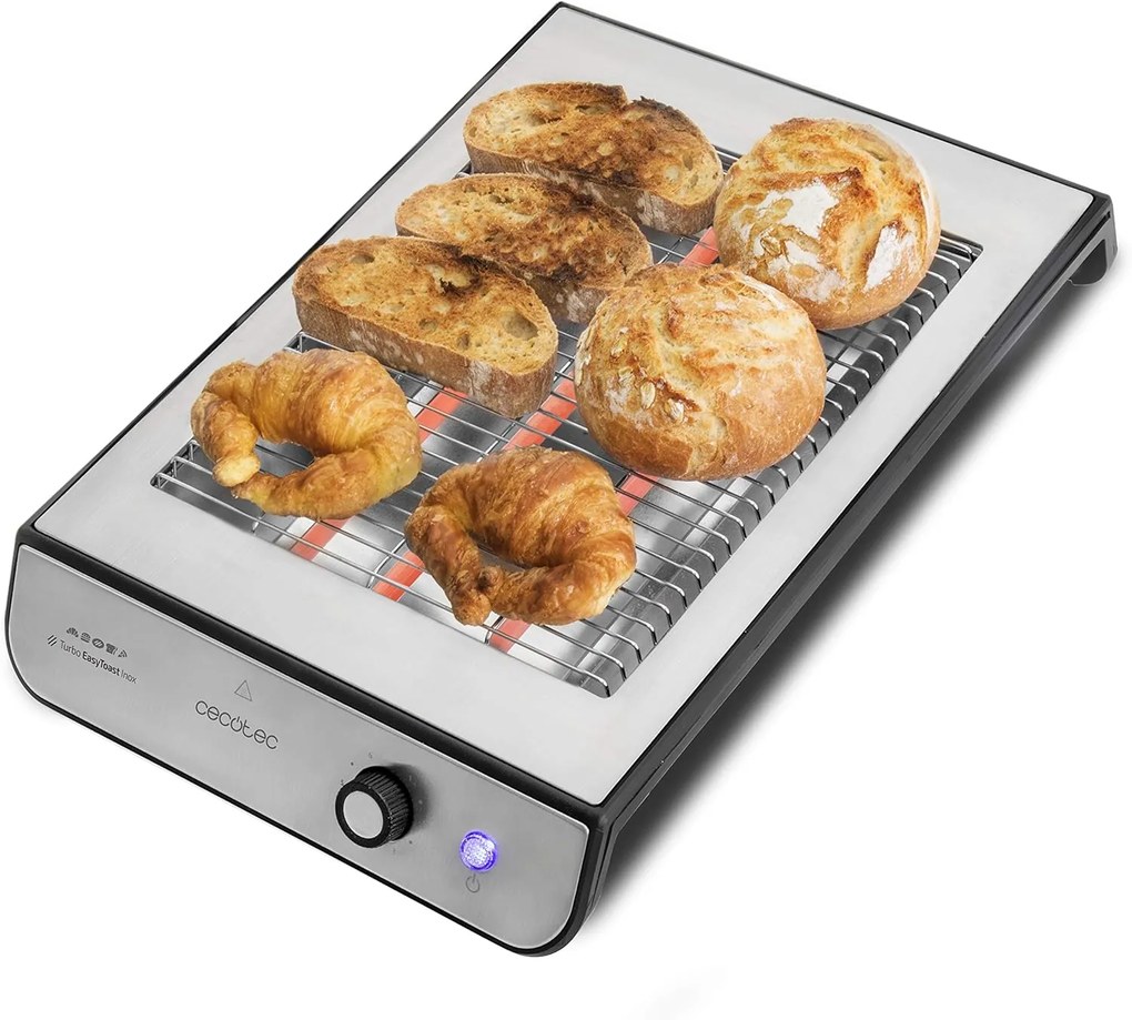 Torradeira Plana Horizontal Turbo Easy Toast Inox. 3 Resistências de quartzo, 6 níveis de potência, bandeja de migalhas, rebaixo do cabo, acabamentos