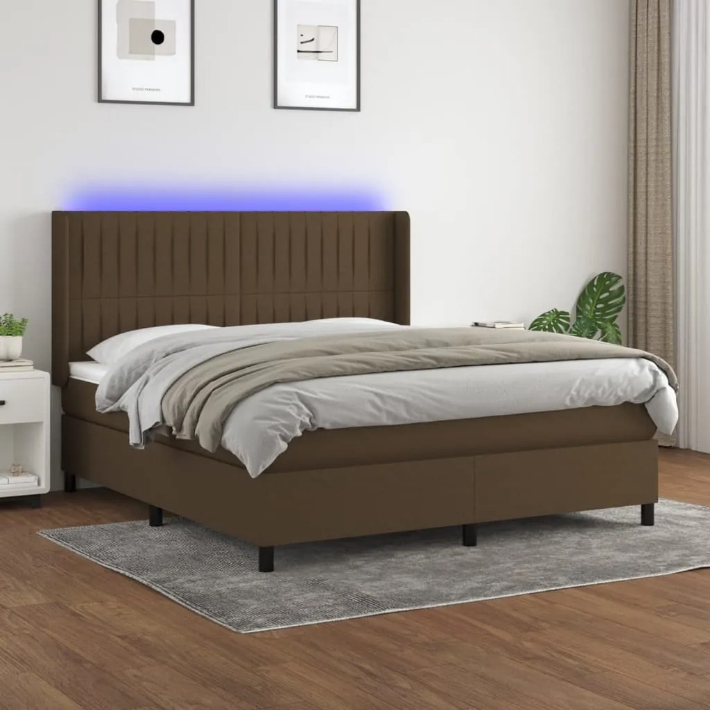 Cama box spring c/ colchão/LED 160x200cm tecido castanho-escuro