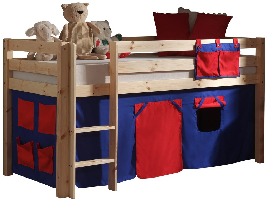 Conjunto Cama alta de Criança PINO 90 x 200 cm + estrado + escada + cortina Domino Natural
