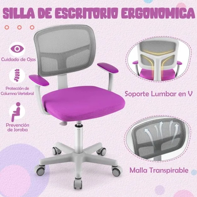 Cadeira de secretária ergonómica para crianças com rodas Cadeira giratória para computador Apoio lombar ajustável em altura Violeta