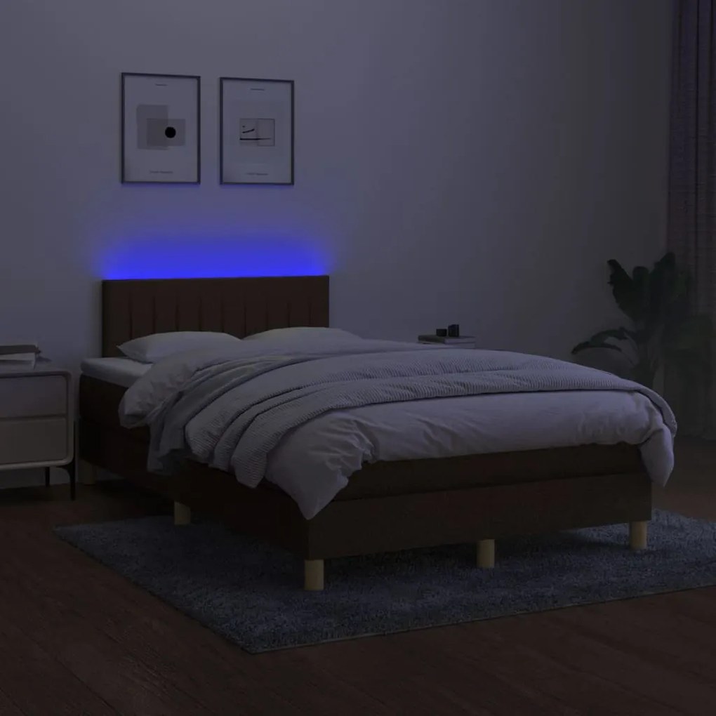 Cama box spring c/ colchão/LED 120x200cm tecido castanho-escuro