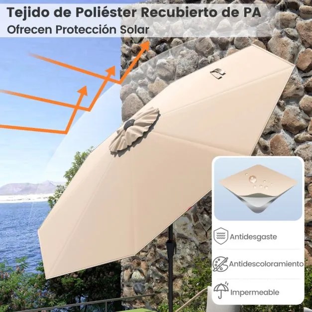 Guarda-sol jardim de 270 cm com 8 varas robustas, toldo ventilado resistente com inclinação por botão Castanho