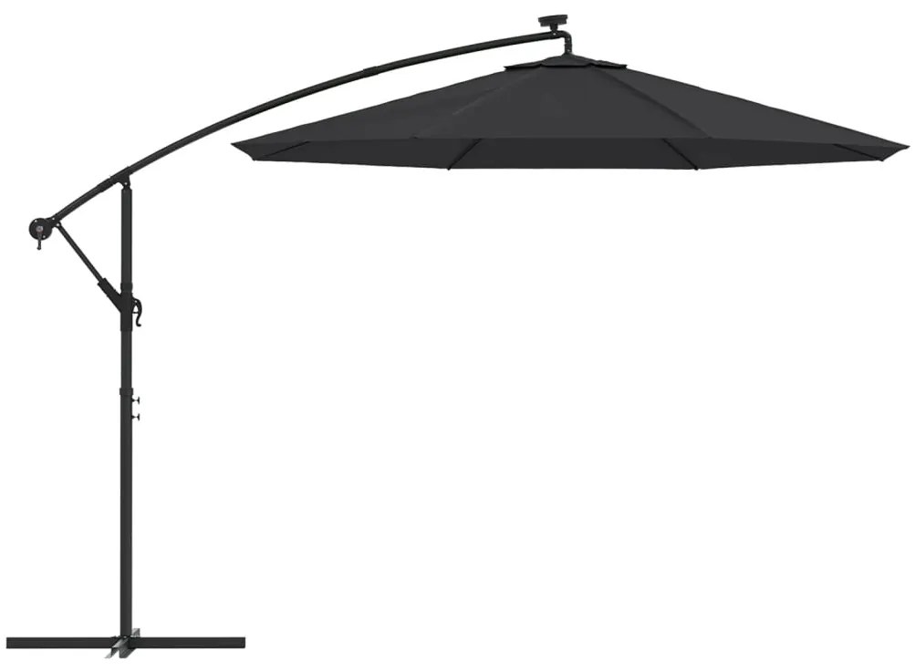 Guarda-sol cantilever c/ luzes LED e poste de aço 300 cm preto