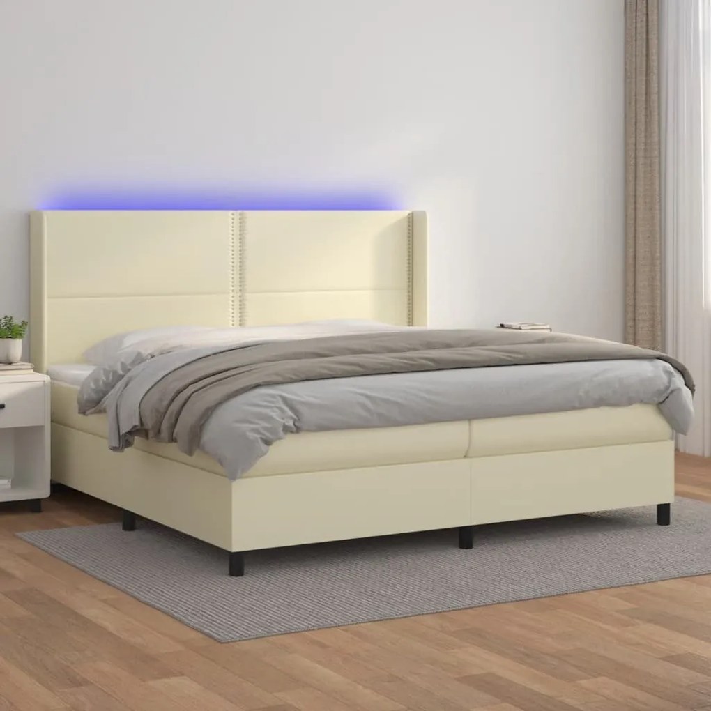 Cama box spring c/ colchão/LED 200x200cm couro artificial creme