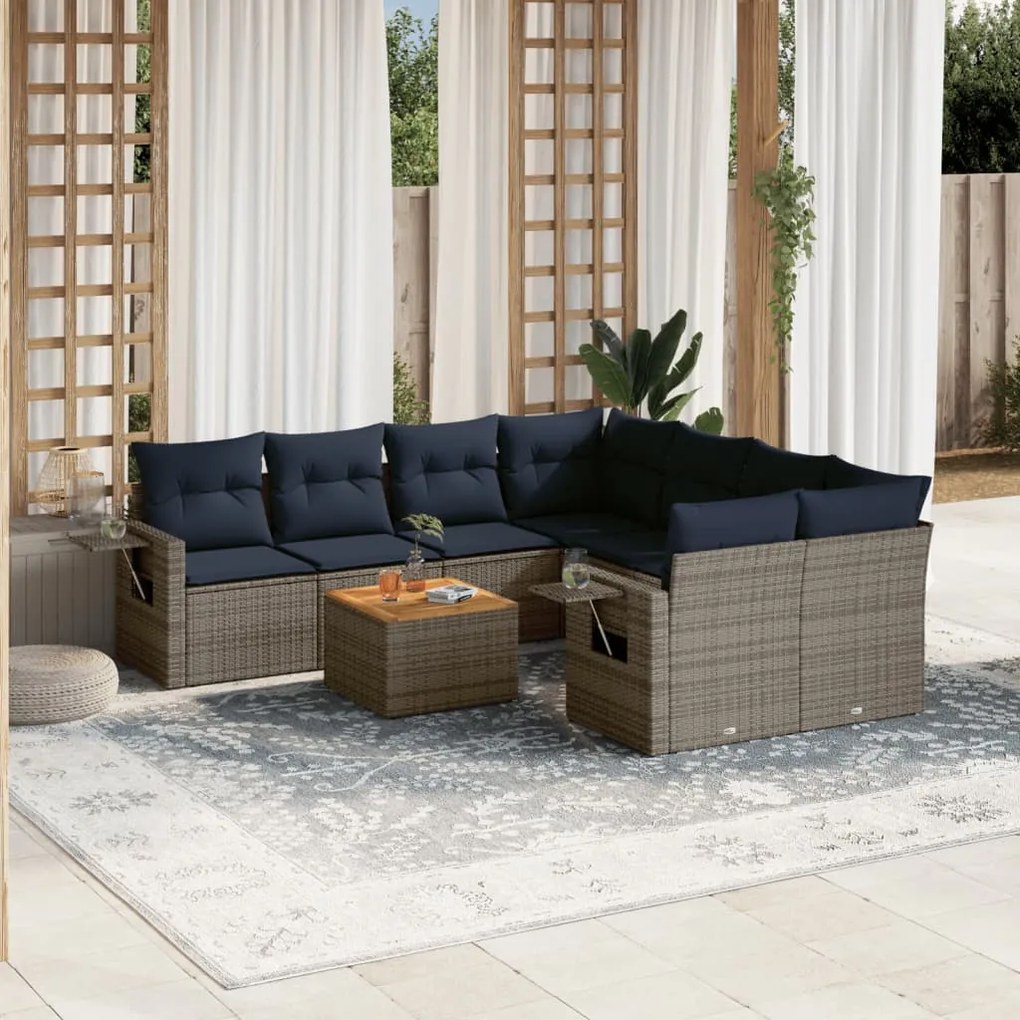 vidaXL 9 pcs conjunto sofás p/ jardim c/ almofadões vime PE cinzento