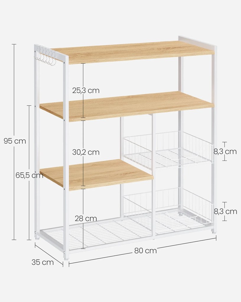 Armário de cozinha com 2 cestos metálicos e ganchos 35 x 80 x 95 cm castanho-branco