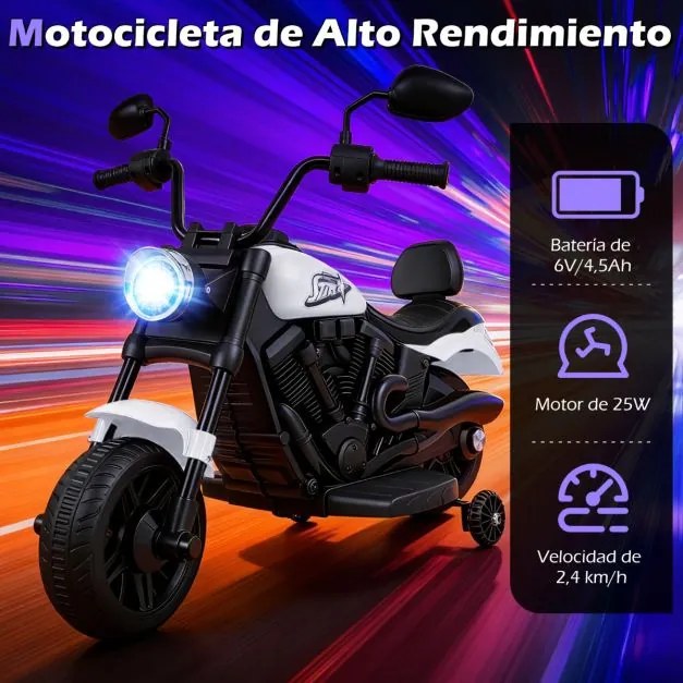 Mota elétrica infantil de 6 V com farol LED, música, 2 rodas, pedais de treino e espelhos retrovisores – a partir dos 18 meses – Preto + Branco