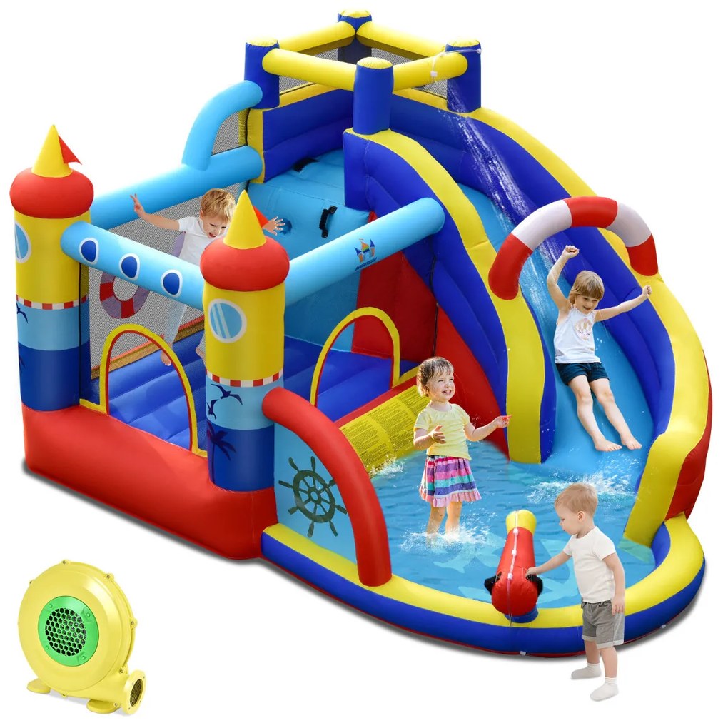 Castelo insuflável com compressor de 450 W Parque aquático infantil 6 em 1 com escorrega Área para saltar Piscina em forma de barco 360 x 290 x 200 cm