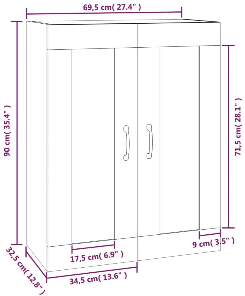 Armário de parede suspenso 69,5x32,5x90 cm branco brilhante