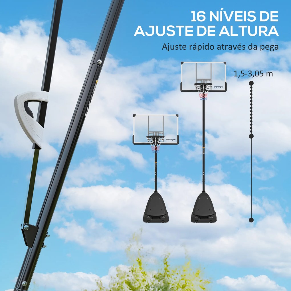 Cesto de Basquetebol para Exterior Altura Ajustável em 16 Níveis 150-305 cm com Rodas e Base Recarregável Preto