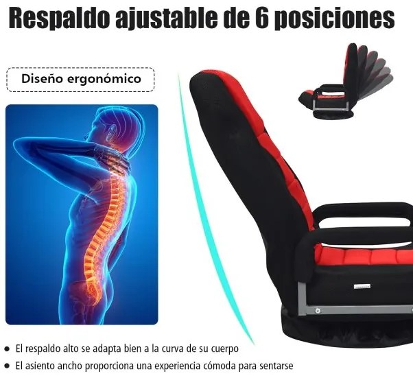 Cadeira de chão para jogos dobrável de 6 posições ajustável com base giratória de 360° para leitura e relaxamento 61-87 x 55 x 75 cm Vermelha