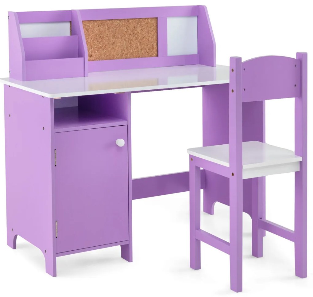 Conjunto de secretária e cadeira para crianças com quadro negro, marcador, prateleira e armário Púrpura