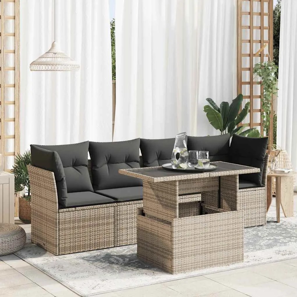 5 pcs conjunto sofás de jardim c/ almofadões vime PE cinzento