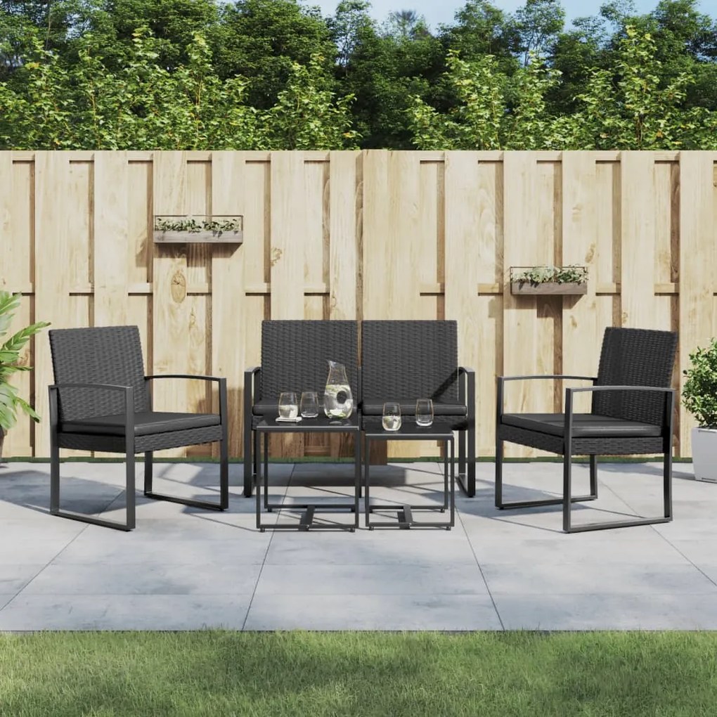 vidaXL 5 pcs conjunto de jantar p/ jardim c/ almofadões vime PP preto
